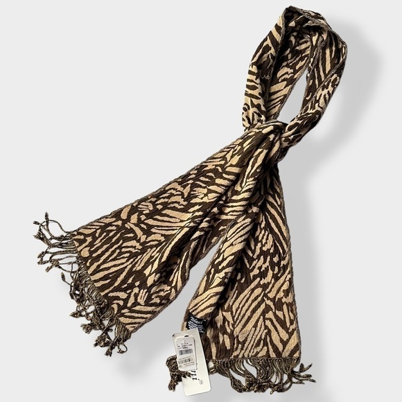 Tolani Vintage Animal Print Scarf Fringe Brown Tan 74x9 - Picture 2 of 9